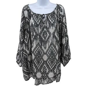 Fred David Gray White Tunic Top Womens Plus 1X 3/4 Sleeve Scoop Neck Lightweight